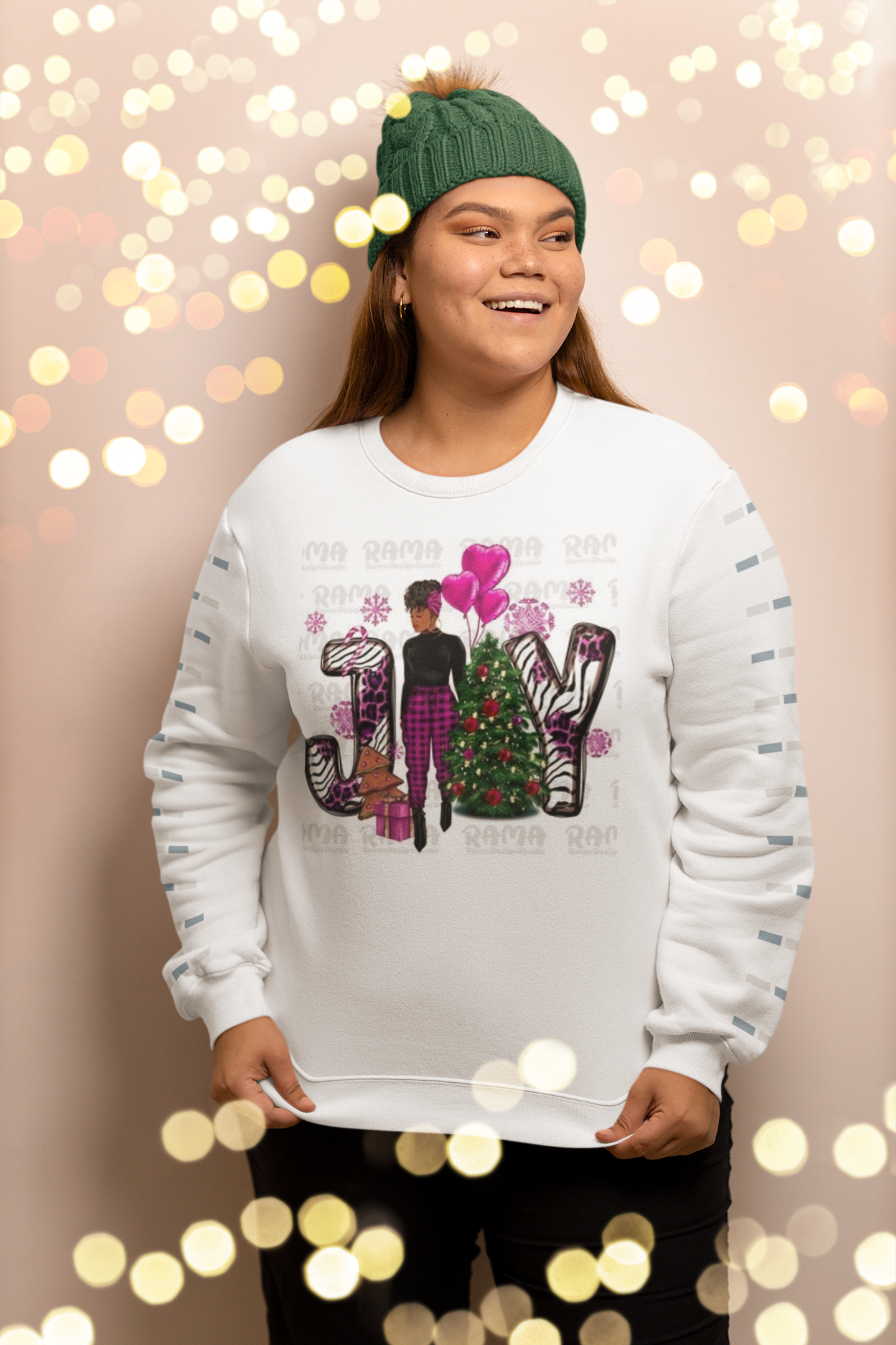 Pink-Christmas-Joy-Black-Woman-DTF transfer
