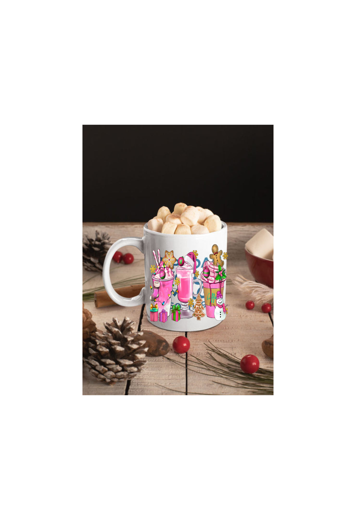 Pink Christmas Coffee Cups  -UV DTF transfer